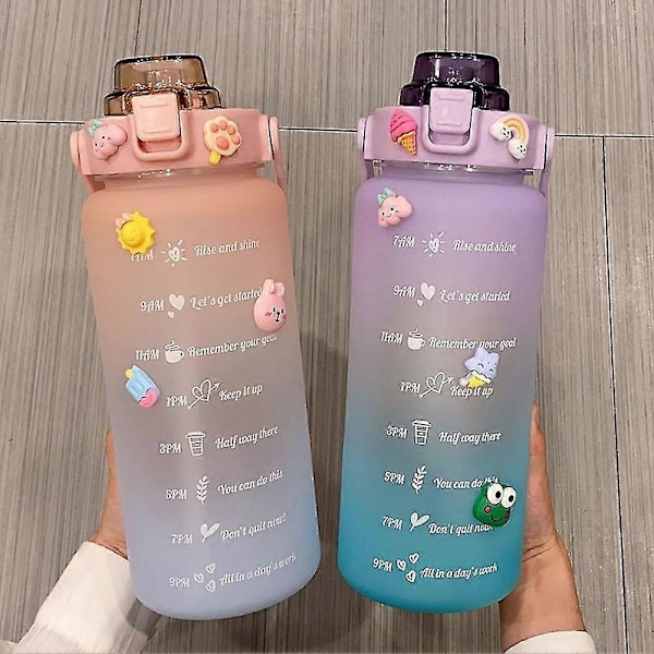 2 Liter Stor Kapacitet Fri Motiverande Med Tidsmarkör Fitnesskannor Gradient Färg Plastmuggar W