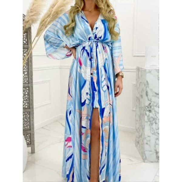 Sommar Maxi Klänning För Kvinnor Boho Tryck Bikini Överdrag Strandklänning Sexig Blommig Tunika Lång Klänning Baddräkt Vestido Feminino blue XXL