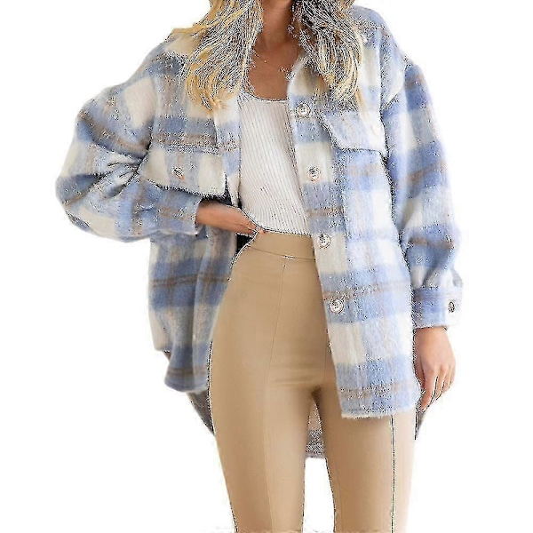 Vinteruldfrakke Casual Plaid Flannel Shacket Jakke Oversized Knapløs Langærmet Efterårs Skjortejakke Frakke Toppe Jakke Kvinder PURPLE M