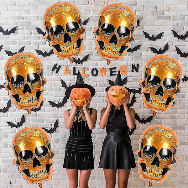6 kpl Halloween Foliopalloja Suuret Halloween Pääkallo Foliopallo Koristeet Setti Jättimäinen Uudelleenkäytettävä Hyvää Halloweenia Luuranko Mylar Alumiinifoliopallot