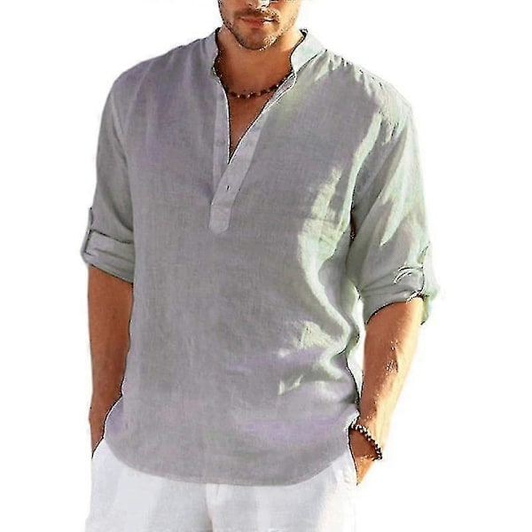 Langermet linskjorte for menn, avslappet skjorte i bomull og lin, S-5xl topp Light blue XL