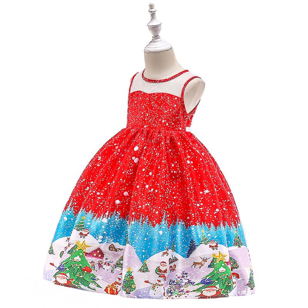 Jul Små Barn Flickor Spets A-linje Swing Dress Xmas Jultomten Print Bal Balklänning Afton Formell Prinsess Klänning Fest Kostym Red D 8-9 Years