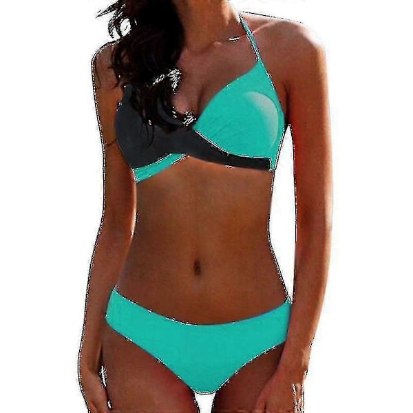 Dame Farveblok Bikini Sæt Polstret Push Up Badetøj Halter Hals Badetøj Dark Grey Sky Blue 2XL