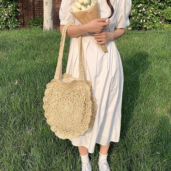 Bohemisk Väska i Halm Dam Rund Strandväska Sommar Rattan Axelväska beige