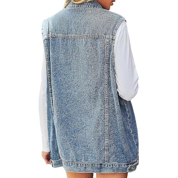 Ärmlös jeansjacka för damer med knäppning – Mellanlång väst Blue X-Large