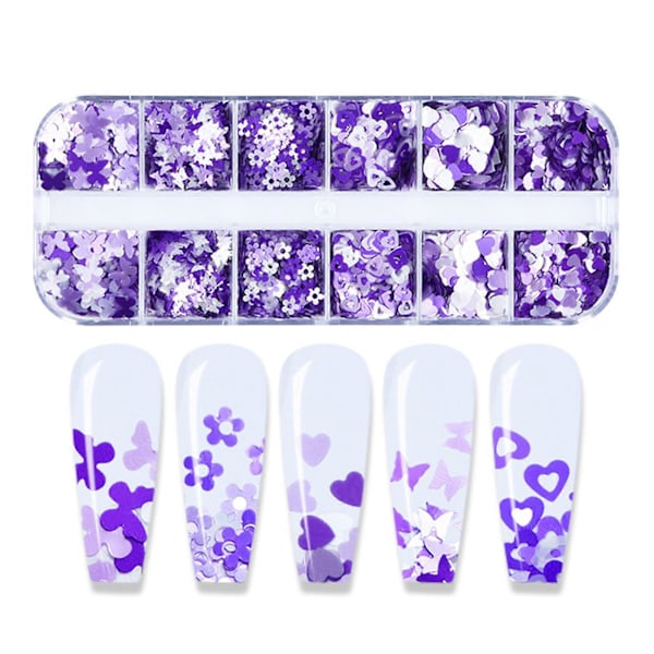 12 Lokeroa Manikyyri Glitter Turvallinen Kannettava PET Violetti Luumunkukka Kynsikoru Tytöille
