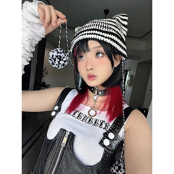 Grunge pipot virkattu neulotut hatut naisille tytöille kettu kissan korva gootti emo alt Y2k asusteet grunge vaatteet