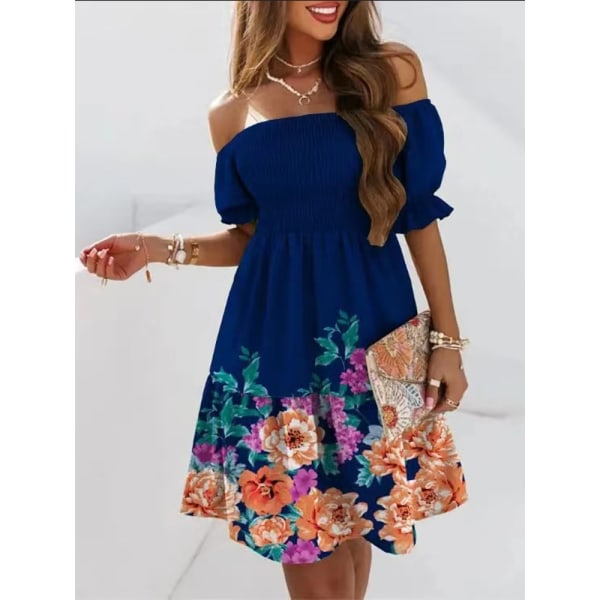 Sexig Off Shoulder Mini Klänning Dam Sommar Lös Boho Print Festklänning Blue yellow flower L