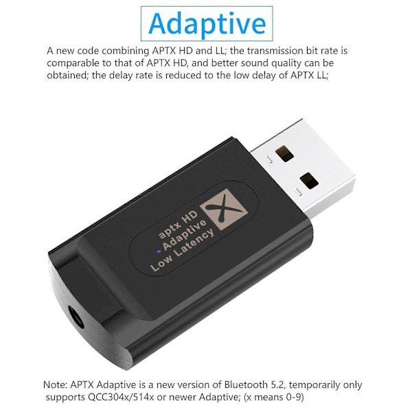 USB Bluetooth 5.2 Ljudsändare, omkopplingsbar Aptx Adptive, stöd för 1 till 2, drivrutinsfri, med 3,5 mm A