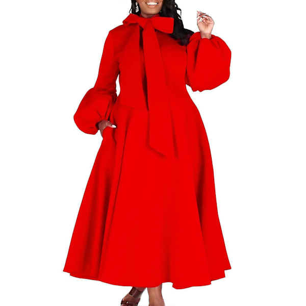 Dame Velvet Maxi Kjole Lange Puffermer Rund Hals Cocktailkjoler Red 2XL