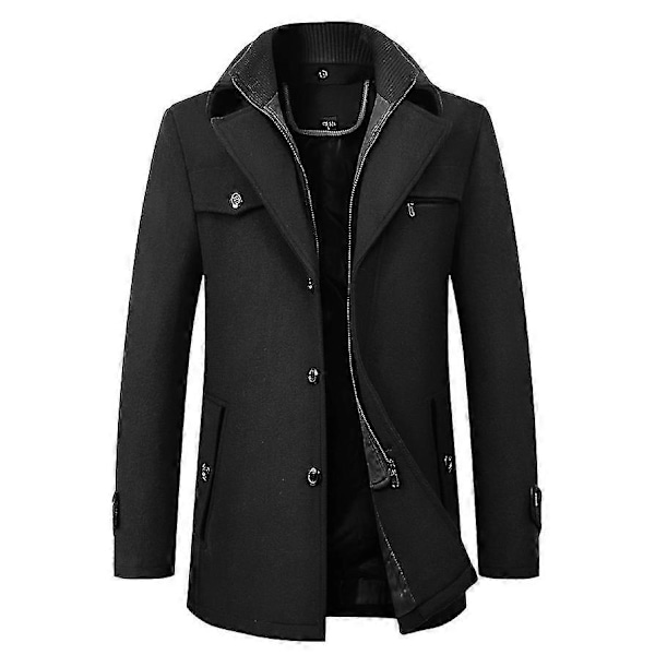 Uldfrakke til mænd Efterår og vinter Dobbeltkrave Uldfrakke Revers Tyk Uldfrakke Lang Jakke black 4xl