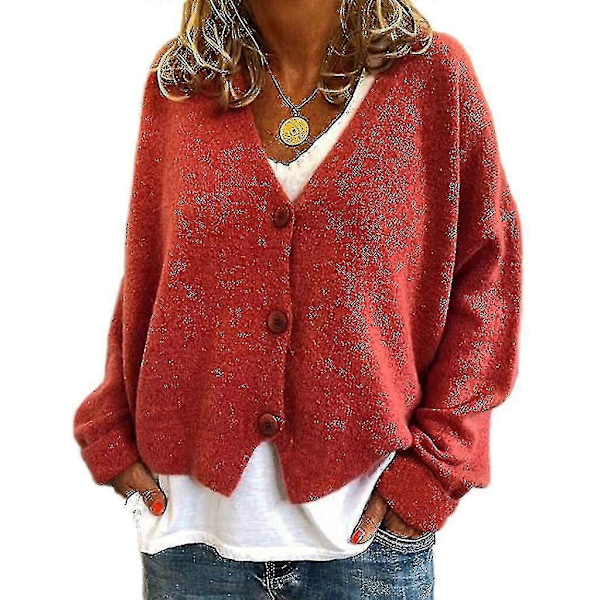Damtröja Stickad Casual V-ringad Enfärgad Kofta Orange Red M