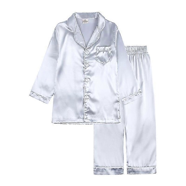 Børn Småbørn Baby Pige Dreng Satin Pyjamas Sæt Lang Kortærmet Knap Pyjamasskjorte Top+bukser Underdele Nattøj Sæt Silver 8-9 Years