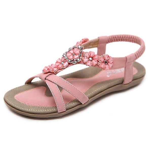 Dame Rhinestone Sandaler, T-stropp Spenne Perle Krystall Flate Sandaler Pink 36