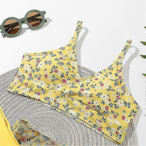 Sommar Tankini Set för Små Flickor, 3 Delar/set, Strand Surf Badkläder 8-12 År, Vadderad Bikini Baddräkt Set för Barn yellow 130