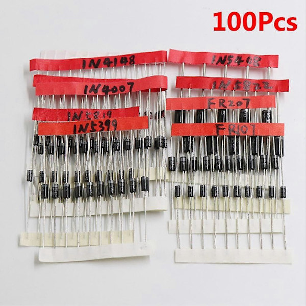 100 stk. 1N4148 1N4007 1N5819 1N5399 1N5408 1N5822 FR107 8 Verdier Diode Sortiment