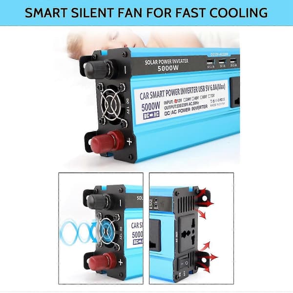 5000W Solcelle Bil Strømomformer 4 USB-lader DC 12V til AC 220V Spenningstransformator Adapter Lading