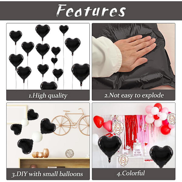 Sort Hjerte Balloner, 5 stk. Sort Hjerteformede Folieballoner, 18 Tommer Metalliske Sorte Folieballoner Valentinsdag Balloner Helium Til Valentinsdag, Bryllup Pink