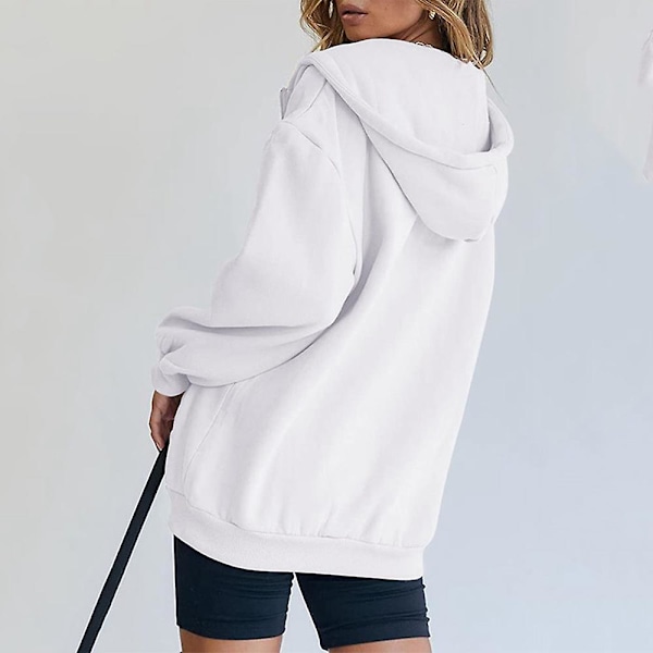 Dame Ensfarget Casual Hettejakke Langermet Full Glidelås Snøring Hettegenser Frakk White XL