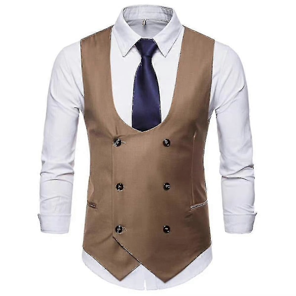 Jul Herr Solid U-ringad Dubbelknäppt Kostymväst Slim Fit Formell Väst Camel 4XL
