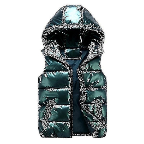 Unisex Kiiltävä Pehmustettu Liivi Hupulla Pystykauluksella Miehille ja Naisille Green XXL