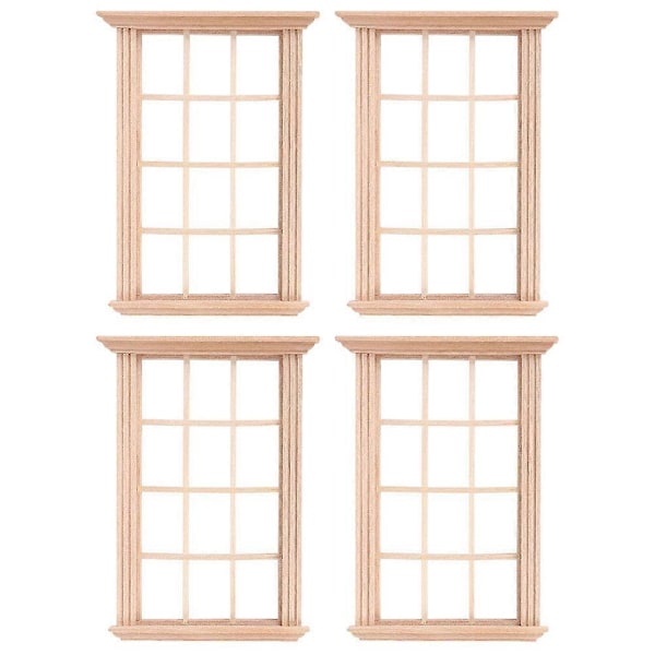 4 stk. Miniatyr Vindusramme i Tre 1/12 Skala Mini 12-sprossers Vindusrammer