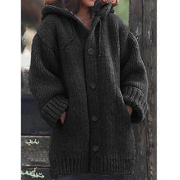 Dame Hætte Strikket Sweater Efterår Vinter Mellemlang Ensfarvet Knap Sweater Uldfrakke Jakker Overdele Red M