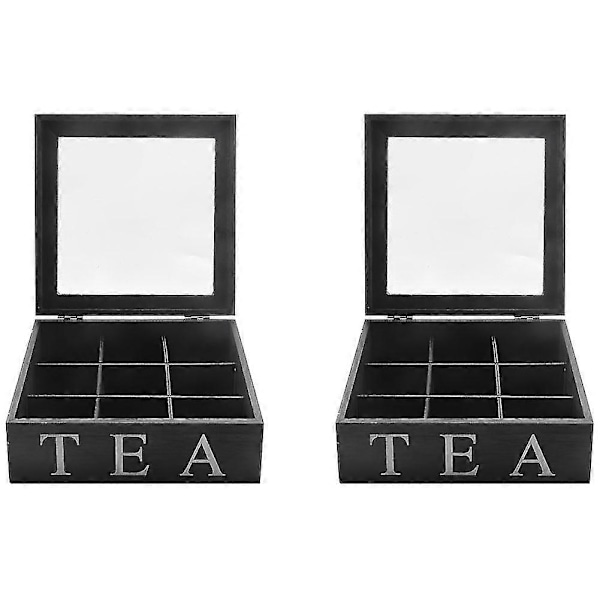 2x Trälåda för Te med 9 Fack Tepåsebehållare Förvaringslåda Fyrkantig Presentförpackning Fodral Transparent Topplock B