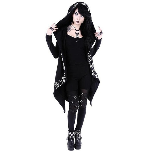 Kvinnor Gothic Snygg Punk Hooded Loose Jacka Ytterkläder Långärmad öppen främre kappa Halloween 2XL