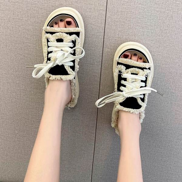 Dame Canvas Flats Tøfler 2023 Nye Dame Snøresko Casual Mote Plattform Tøfler Dame Denim Strand Åpen Tå Sandaler lattice 39
