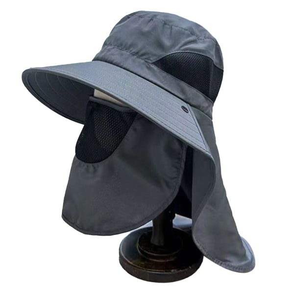 Utomhusfiskehatt Solhatt Uv-skydd Bred brättad hatt med ansiktshalsflik för man och kvinna utomhusfiske Gray