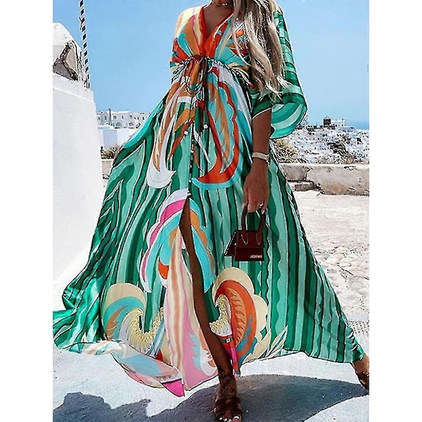 Sommer Maxi Kjole Til Kvinder Boho Print Bikini Cover Ups Strand Sommerkjole Sexet Blomstret Tunika Lang Kjole Badedragt Vestido Feminino green orange S