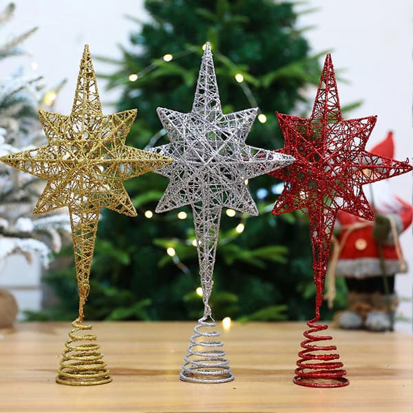 Juletretoppstjerne, glitrende, lys farge, rustsikker, uthulet design, 3D juletretopp ornament Qinghai Silver B
