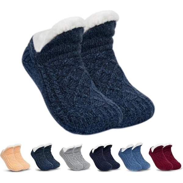 Inomhus halkfria termiska strumpor, fleecesox - Fleecefodrade halkfria termiska toffelstrumpor, v-formade fluffiga toffelstrumpor Dark Blue L