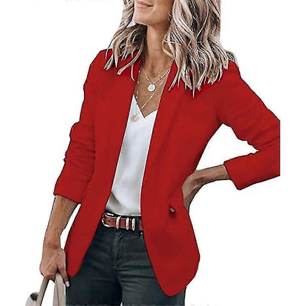 Dame Ensfarvet Åben Front Revers Blazer Langærmet Arbejde Kontor Cardigan Jakke Red M