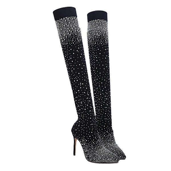 Højhælede Over Knee Støvler Stiletter Lyse Diamant Støvler Kvinder Rhinestone Stretch Støvler (Sort Størrelse 43 EU41 US14 UK7)