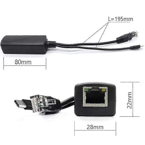 2 kpl 5 V Gigabit PoE -jakaja, USB Type C, 48 V - 5 V 2,4 A -sovitin, IEEE 802.3af -yhteensopiva