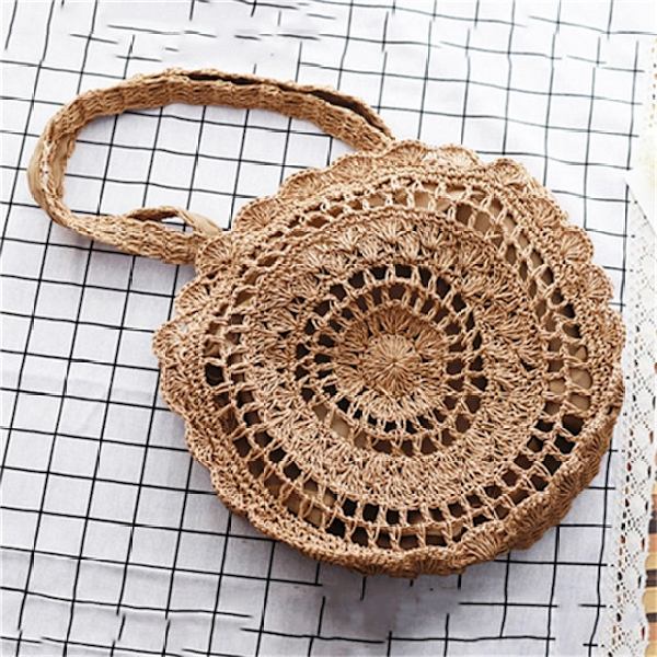 Bohemisk Väska i Halm Dam Rund Strandväska Sommar Rattan Axelväska light coffee