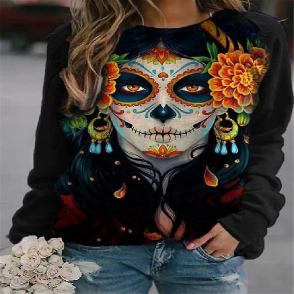 Halloween Trøjer til Kvinder - Græskar Ansigt Dansende Skelet Trøje Langærmet Sweater Sjov Grafisk Trøje style 13 S