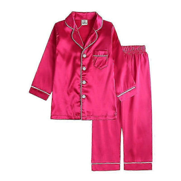 Barn Småbarn Baby Flicka Pojke Satin Pyjamas Set Lång Kort Ärm Knäppning Pyjamasskjorta Topp+byxor Underdelar Sovkläder Outfits Rose Red 3-4 Years