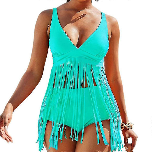 Tankini Bikini Set med Tofsdetaljer för Kvinnor, Hög Midja Blue XL