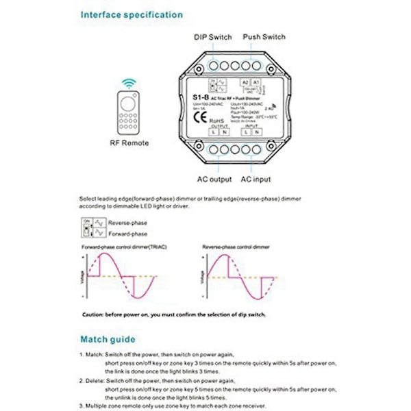 2x AC 110V - 220V S1-B LED Triac RF Himmennin Käyttää 2.4GHz Langatonta 120W-288W Push Himmennintä LED Kytkin Con