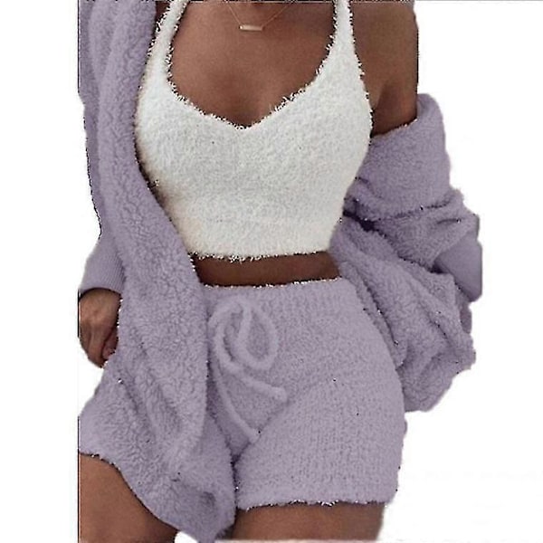 3 stk. Plys Pyjamas Sæt Dame Plys Vest Frakke Shorts Afslappet Loungewear Sæt Purple L