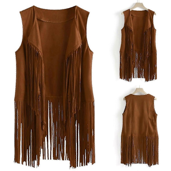 Dame Vinter Semsket Etnisk Ermeløs Dusker Frynser Vest Cardigan Khaki XXXL