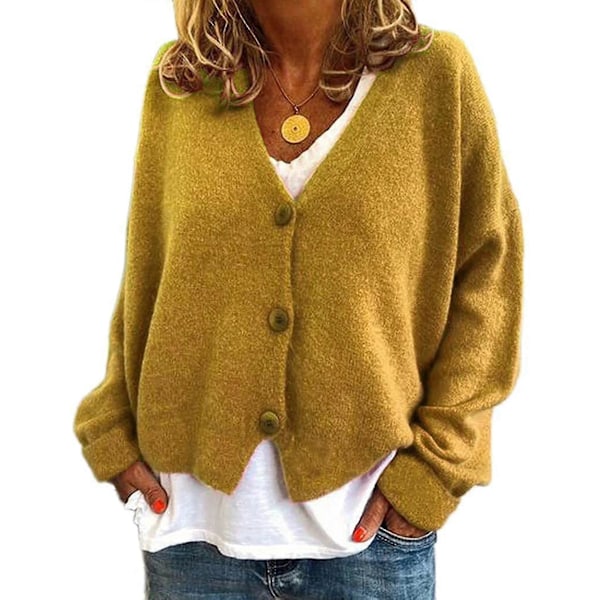 Damtröja Stickad Casual V-ringad Enfärgad Kofta Yellow XL