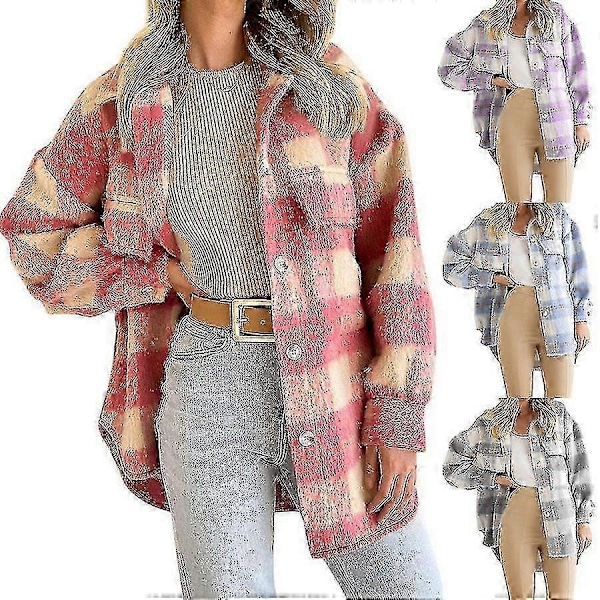 Vinter Ulljakke Casual Rutete Flanell Shacket Jakke Oversized Knapp Ned Lang Ermet Høst Skjortejakke Kåpe Topper Jakke Kvinner PINK XL