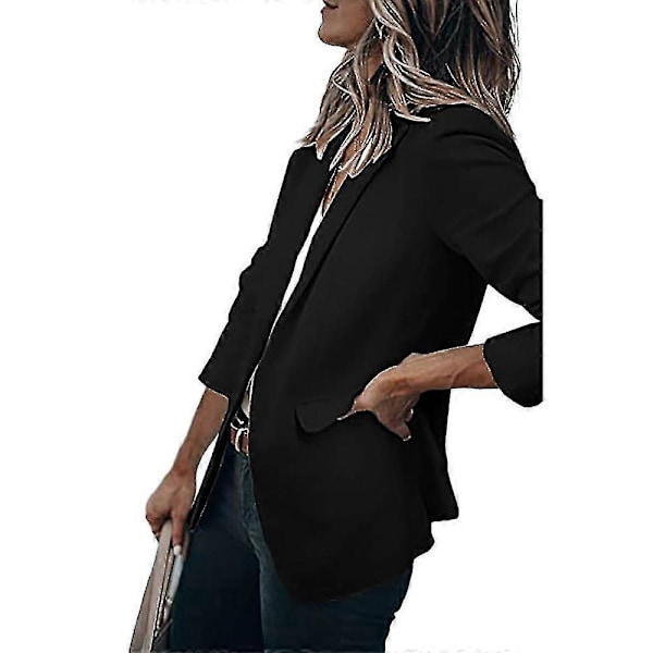 Dame Ensfarvet Åben Front Revers Blazer Langærmet Arbejde Kontor Cardigan Jakke Black 3XL