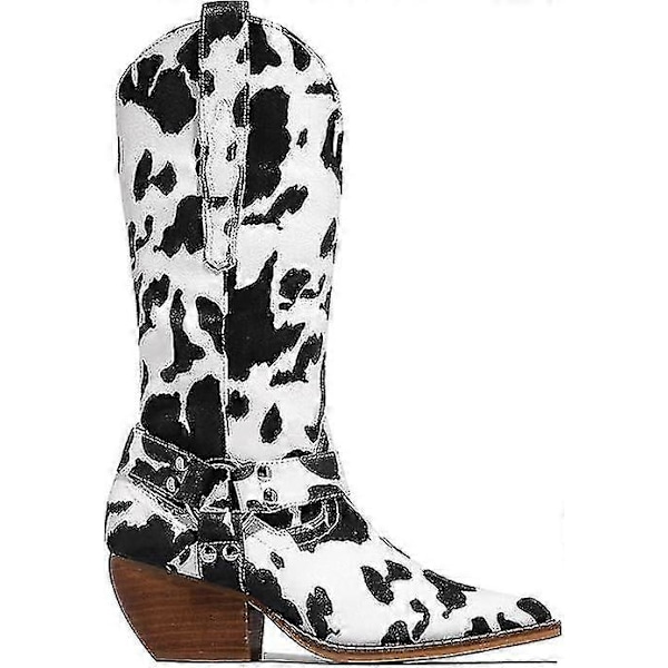 Cow Print Cowgirl Stövlar Block Chunky Klack Mellanhög black 40