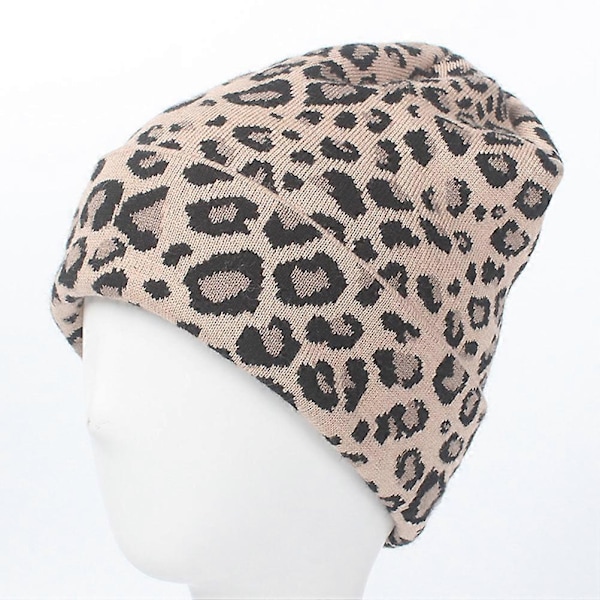 Khakifärgad Leopard Dam Ullstickad Mössa Varm Stickad Mode Beanie för Höst Vinter