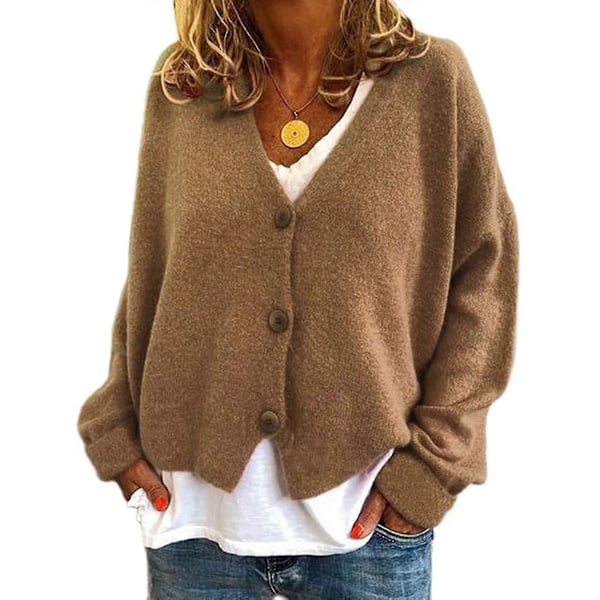 Damtröja Stickad Casual V-ringad Enfärgad Kofta Khaki 2XL